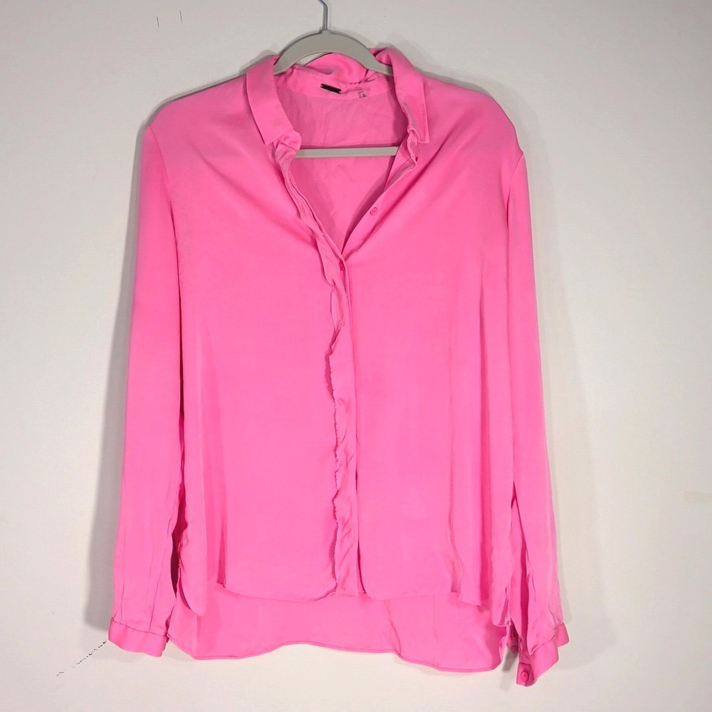 Elie Tahari Pink Silk Button Down; Raw Edge, Long Sleeve, Stretch